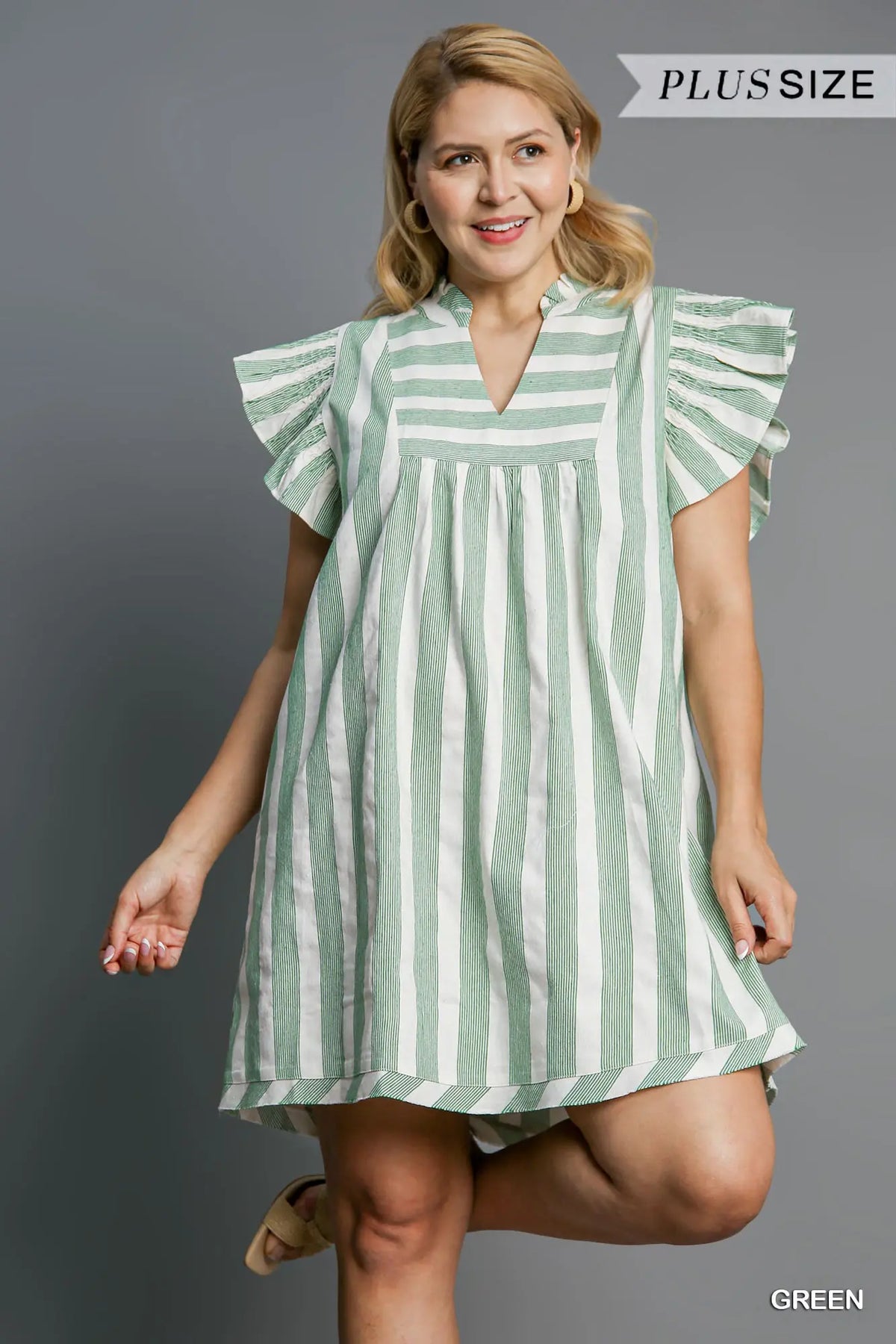 Green Striped Ruffle Dress