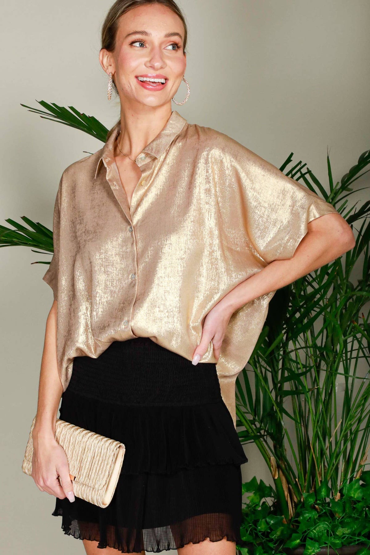 Collared Neck Button Down Metallic Woven Top Gold