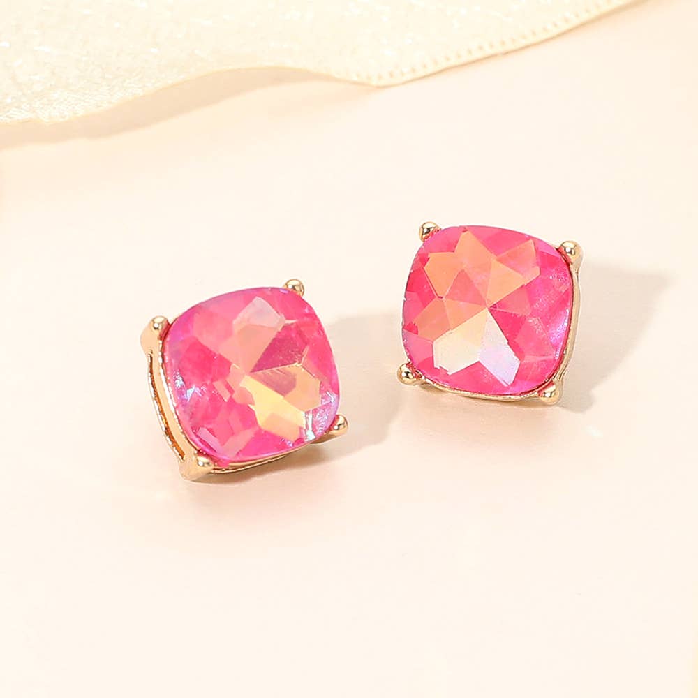 Square Cushion Stud Earrings: Gold,Siam