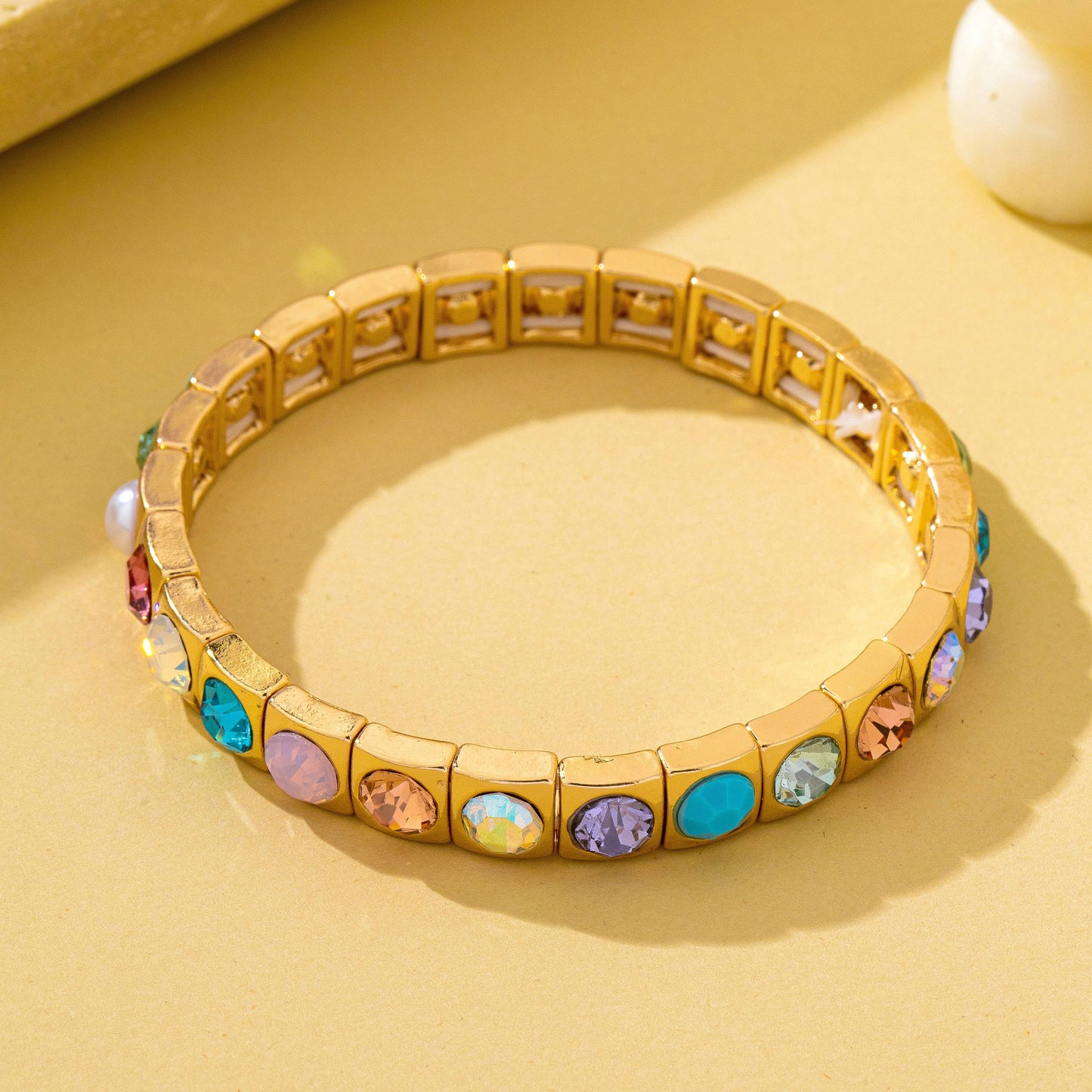 Multicolored Gemstone & Pearl Stretch Bracelet | GOLD