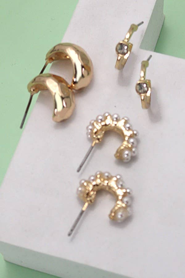 TRIO PEARL DIAMOND CUT HUGGIE HOOP EARRINGS Gold