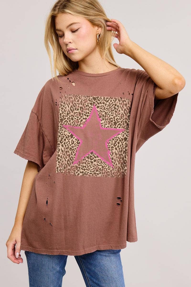Vintage Leopard Star Graphic S/S Oversized Seamless Tee: PEACH