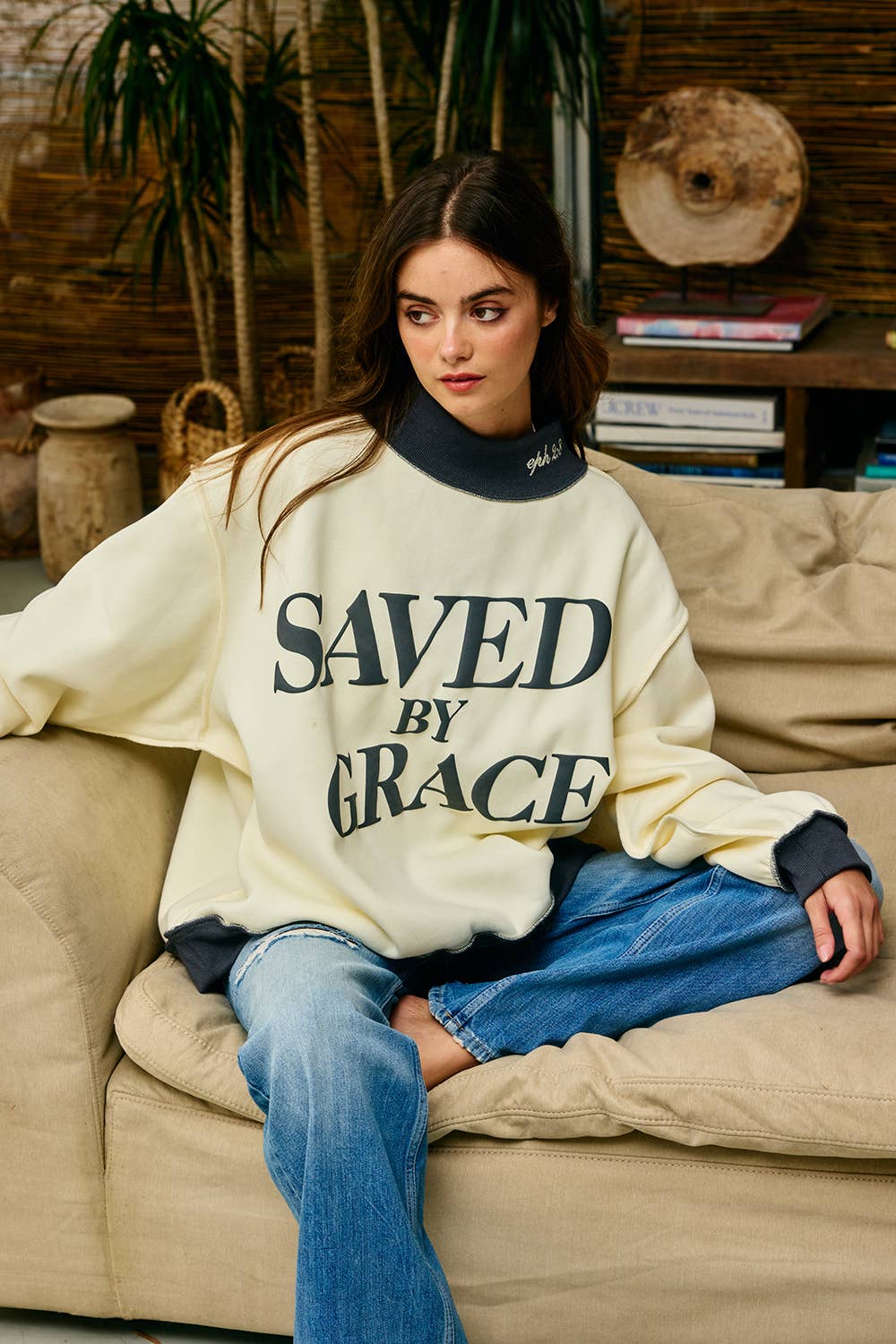 Saved by Grace Puff Print Sweatshirt: CREAM / PINK
