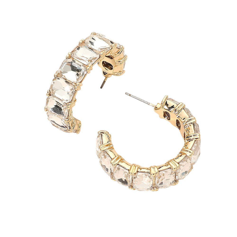 Faceted Rectangular Gem Curved Hoop Earrings: Champagne,Gold
