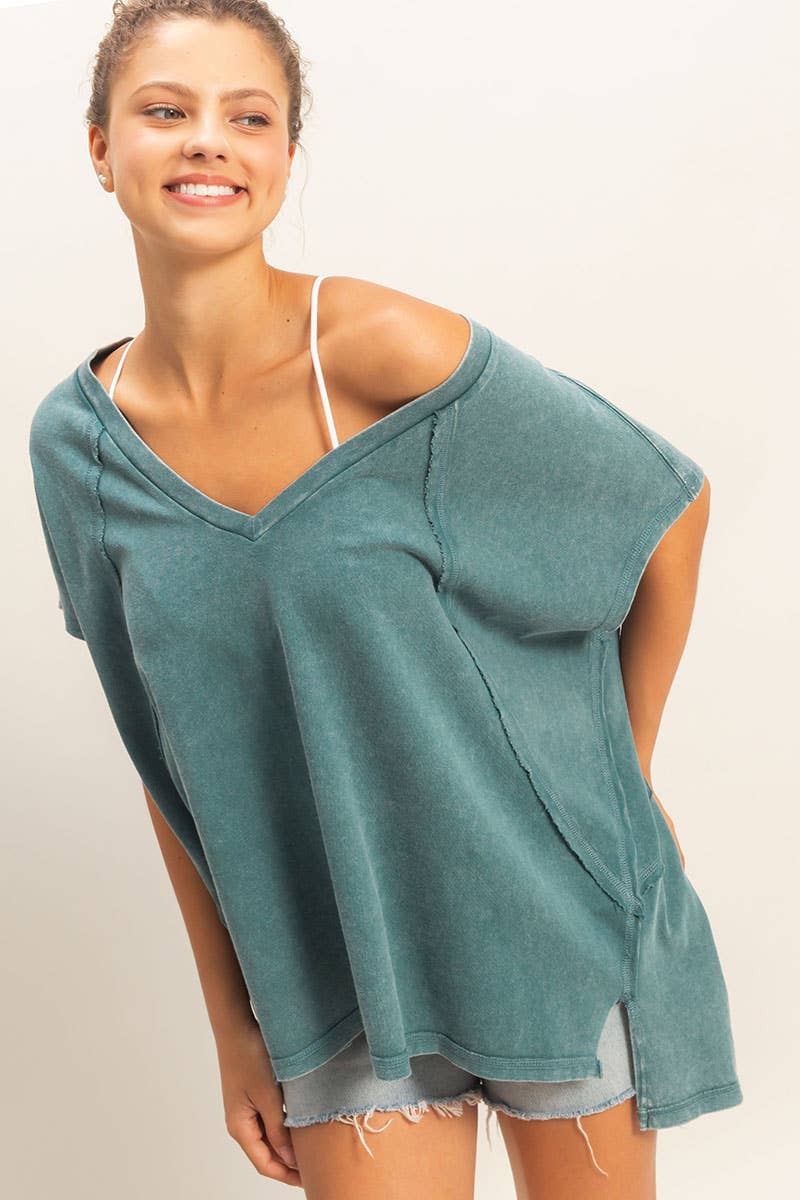 Oversized V-Neck Mineral Washed Top: DARK TEAL