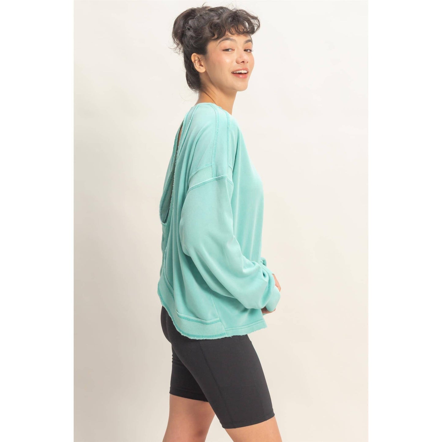 Oversized Cross Detail Open Back Sweatshirt: TURQUOISE