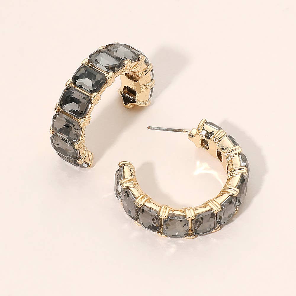 Faceted Rectangular Gem Curved Hoop Earrings: Champagne,Gold
