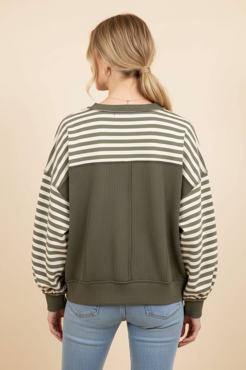 HT20276 Striped Drop-Shoulder Pullover Sweatshirt: CREAM/OLIVE / 2-2-2(S-M-L)