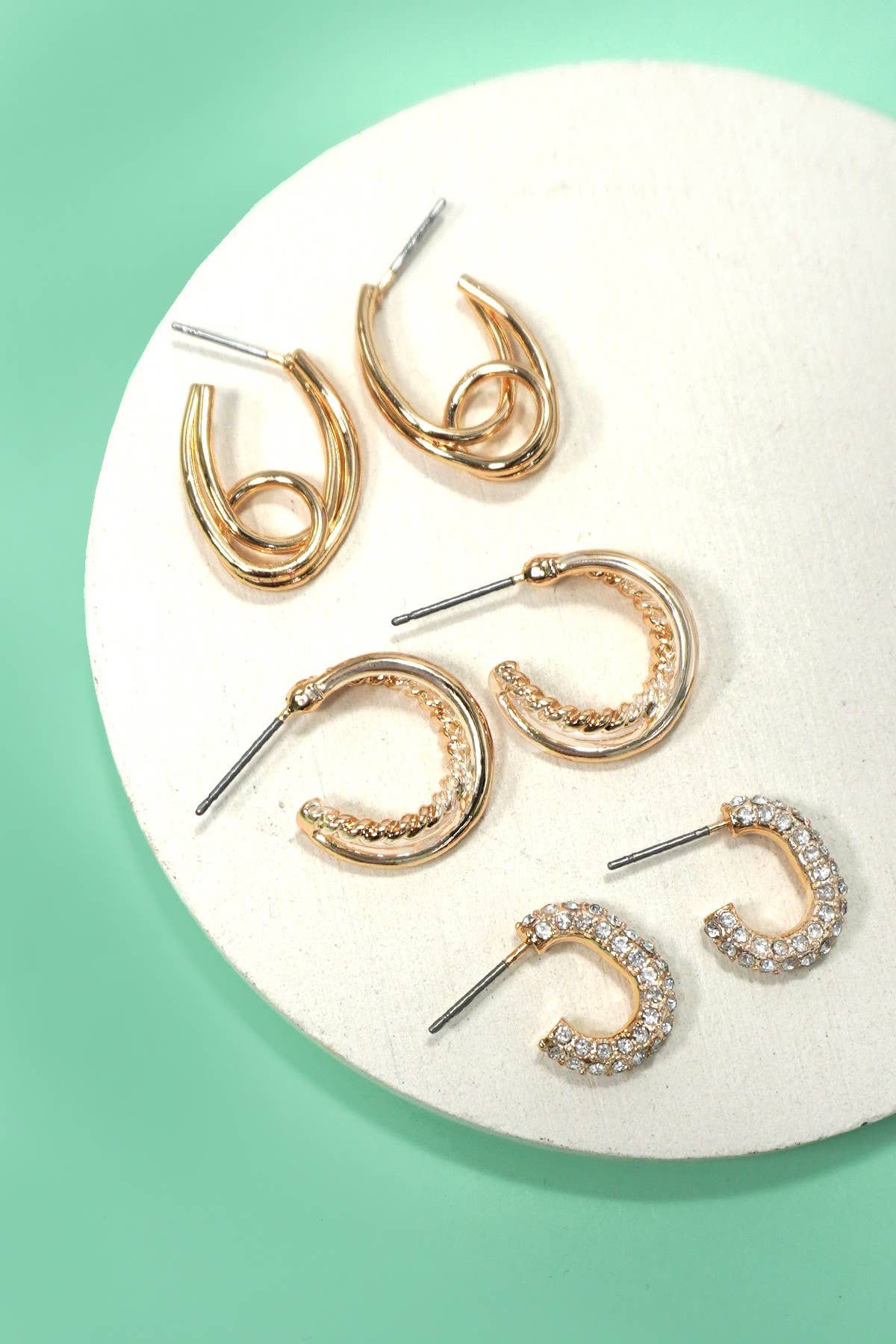 TRIO HUGGIE HOOP RHINESTONE TITANIUM POST EARRINGS GOLD