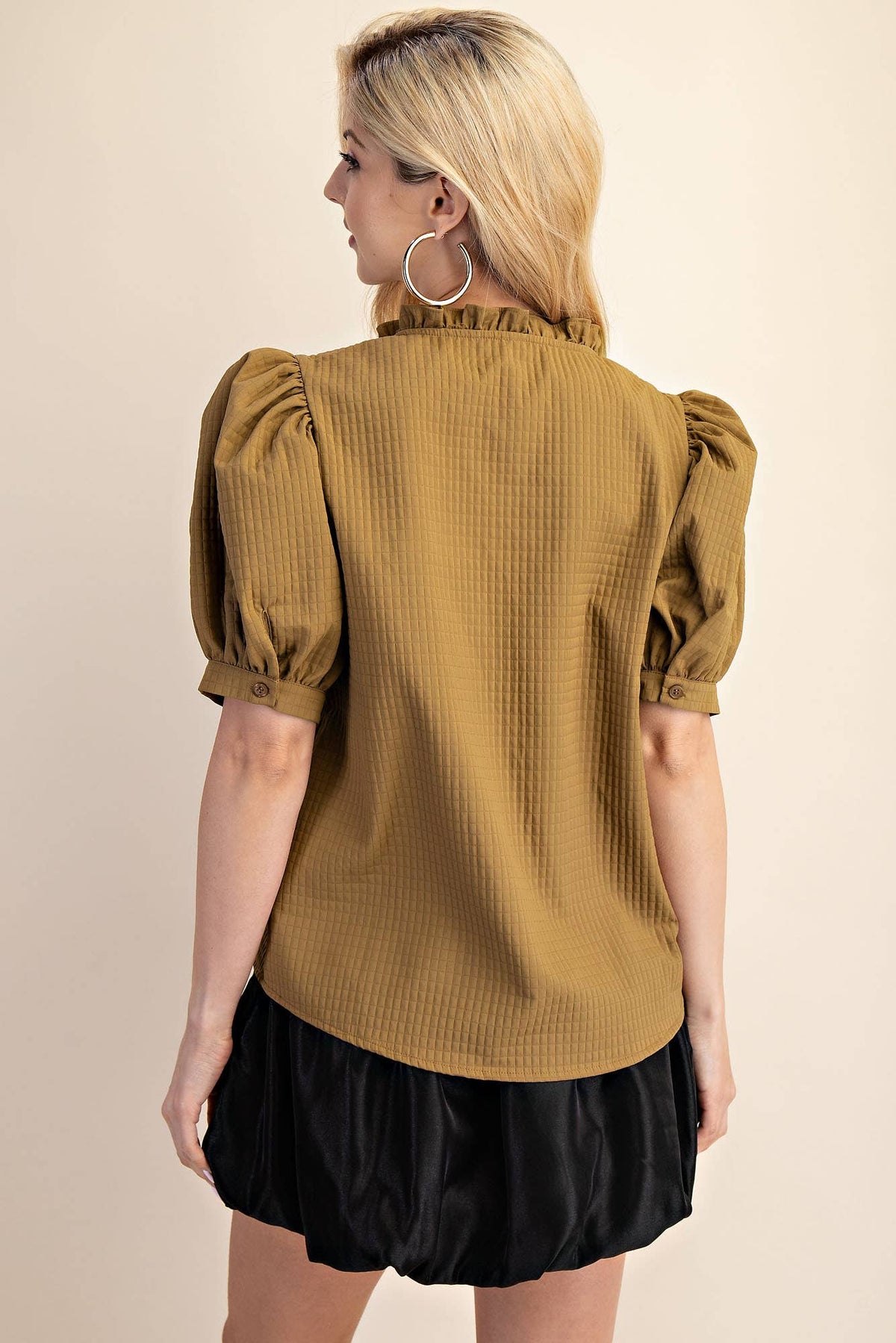 Puff Sleeve Ruffle V-Neck Textured Top: Beige