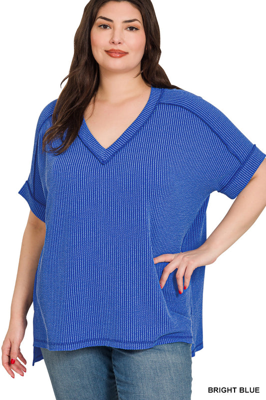 Ribbed V-Neck Tee-Blue