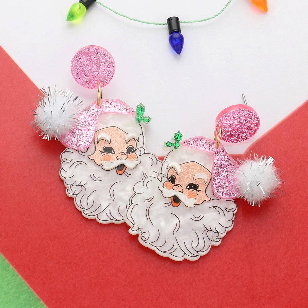 Glittered Resin Pom Santa Dangle Earrings: Red