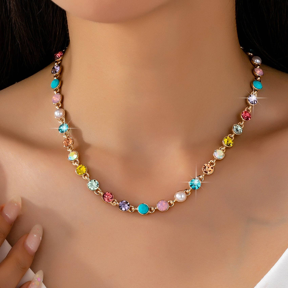 Multi Color Crystal & Pearl Tennis-Style Necklace GOLD
