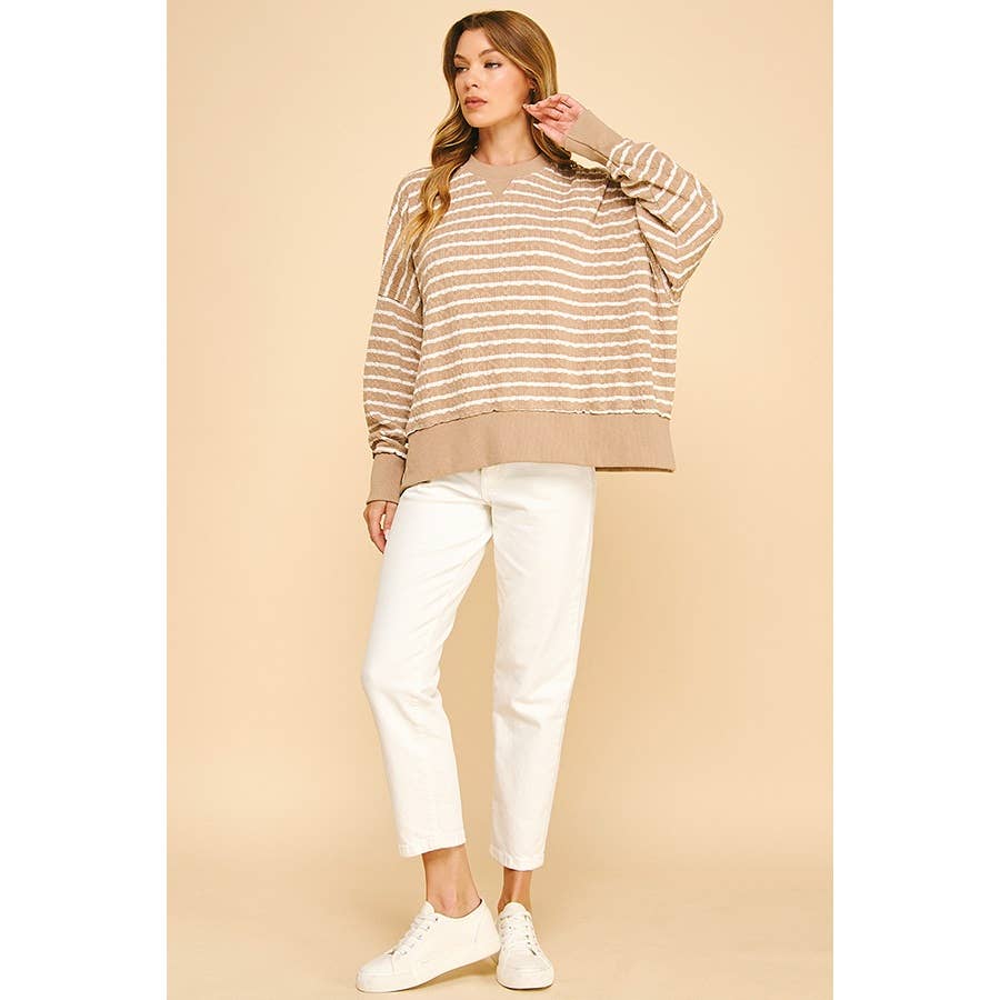 Relaxed Fit Textured Striped Pullover Top: Brown