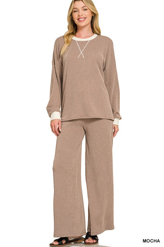 Ribbed Round Neck Pullover Set-Mocha