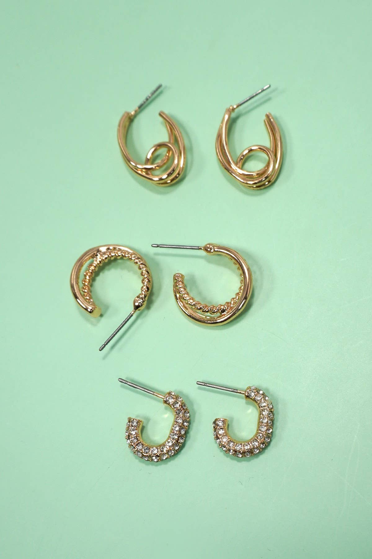 TRIO HUGGIE HOOP RHINESTONE TITANIUM POST EARRINGS GOLD