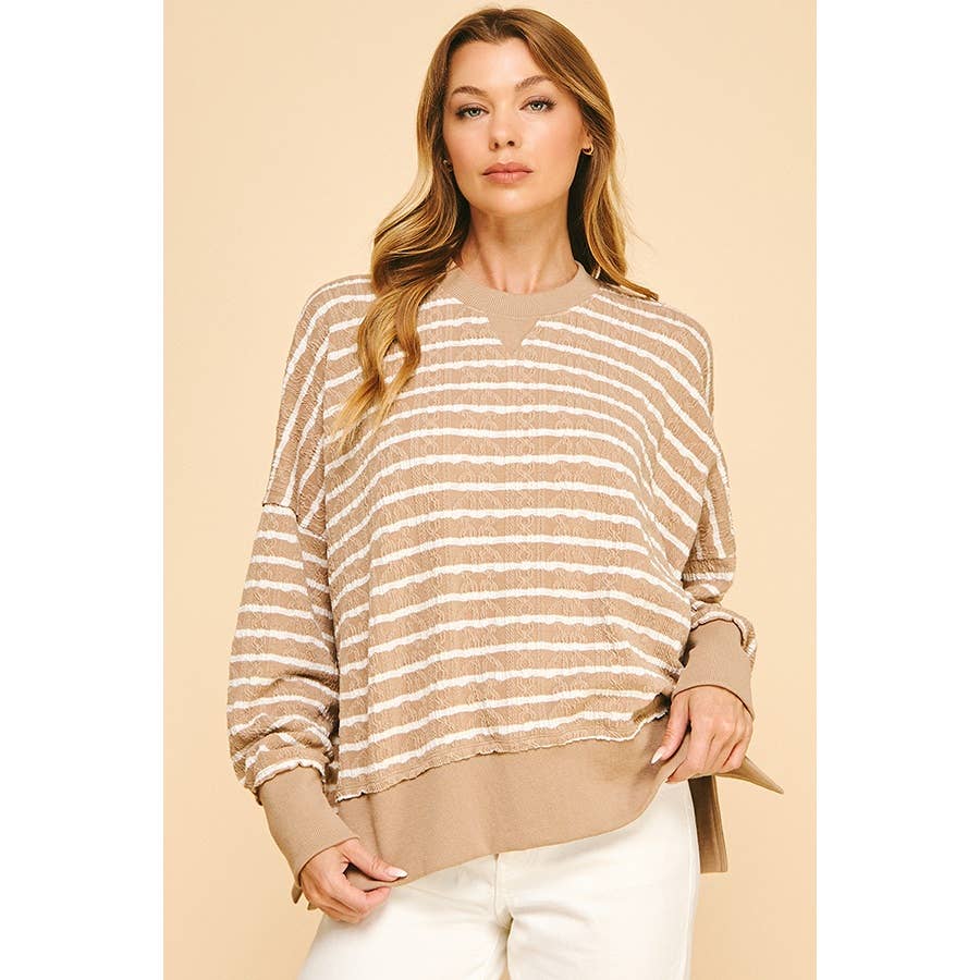 Relaxed Fit Textured Striped Pullover Top: Brown