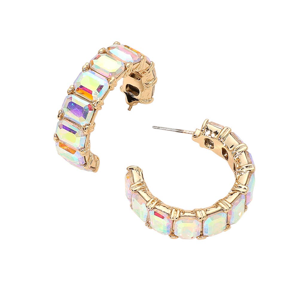 Faceted Rectangular Gem Curved Hoop Earrings: Champagne,Gold