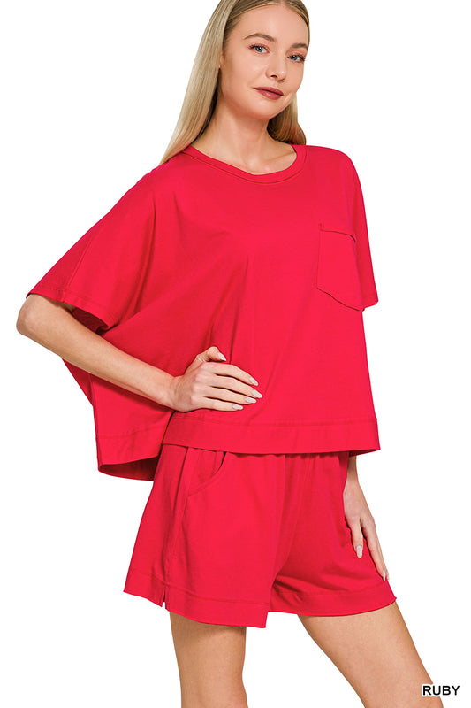 Red Exposed Shorts Set