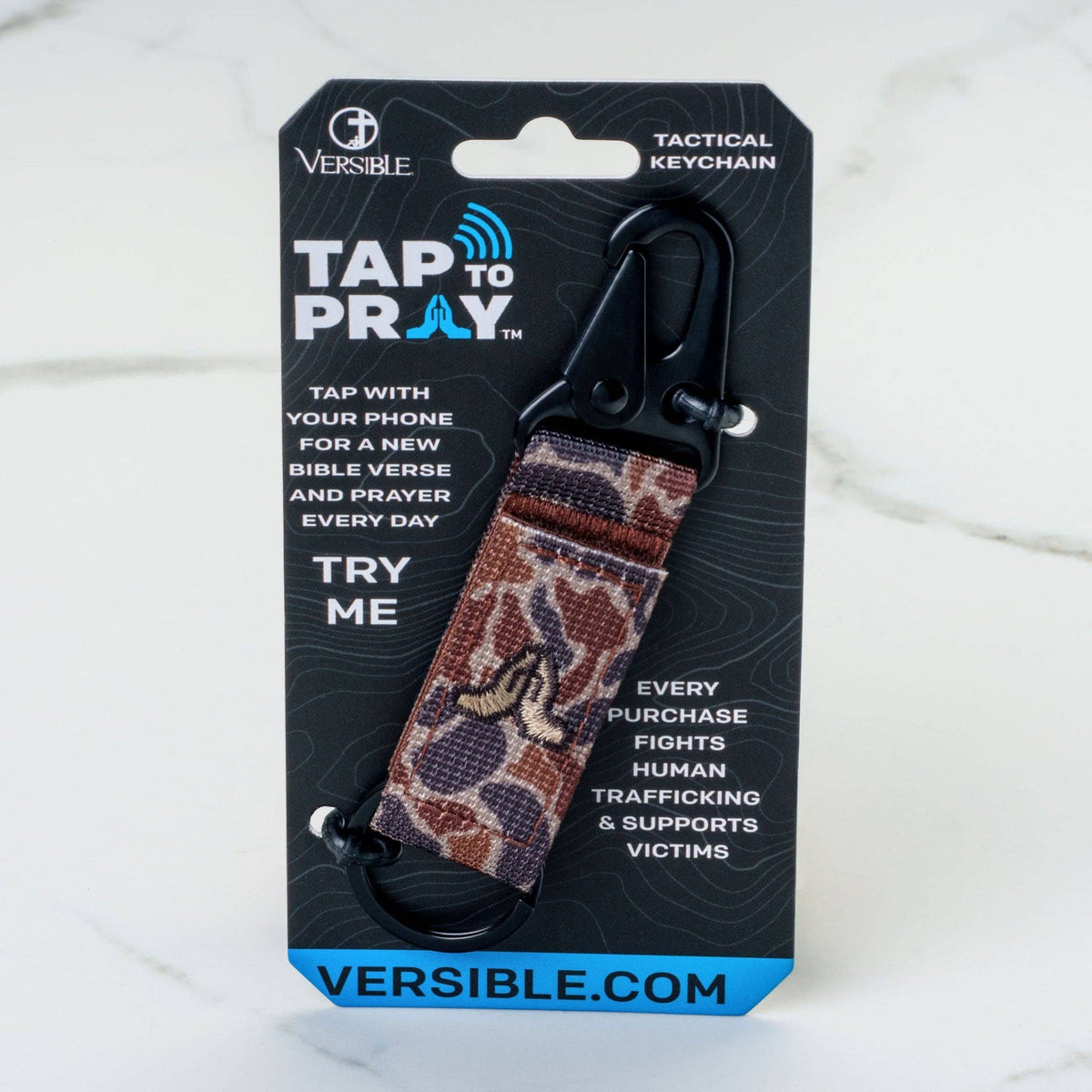 Tap To Pray® Tactical Carabiner Keychain: Moss Camo