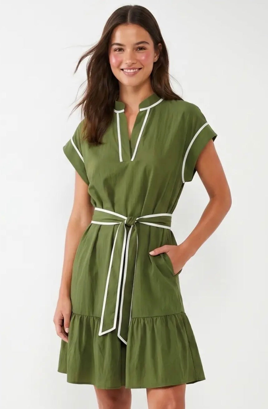 Olive Contrast Piping Mini Dress