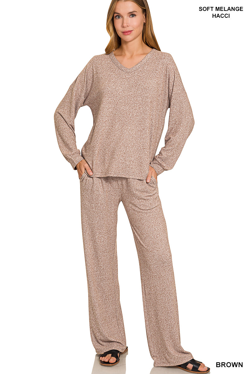 Soft v-neck LS set brown