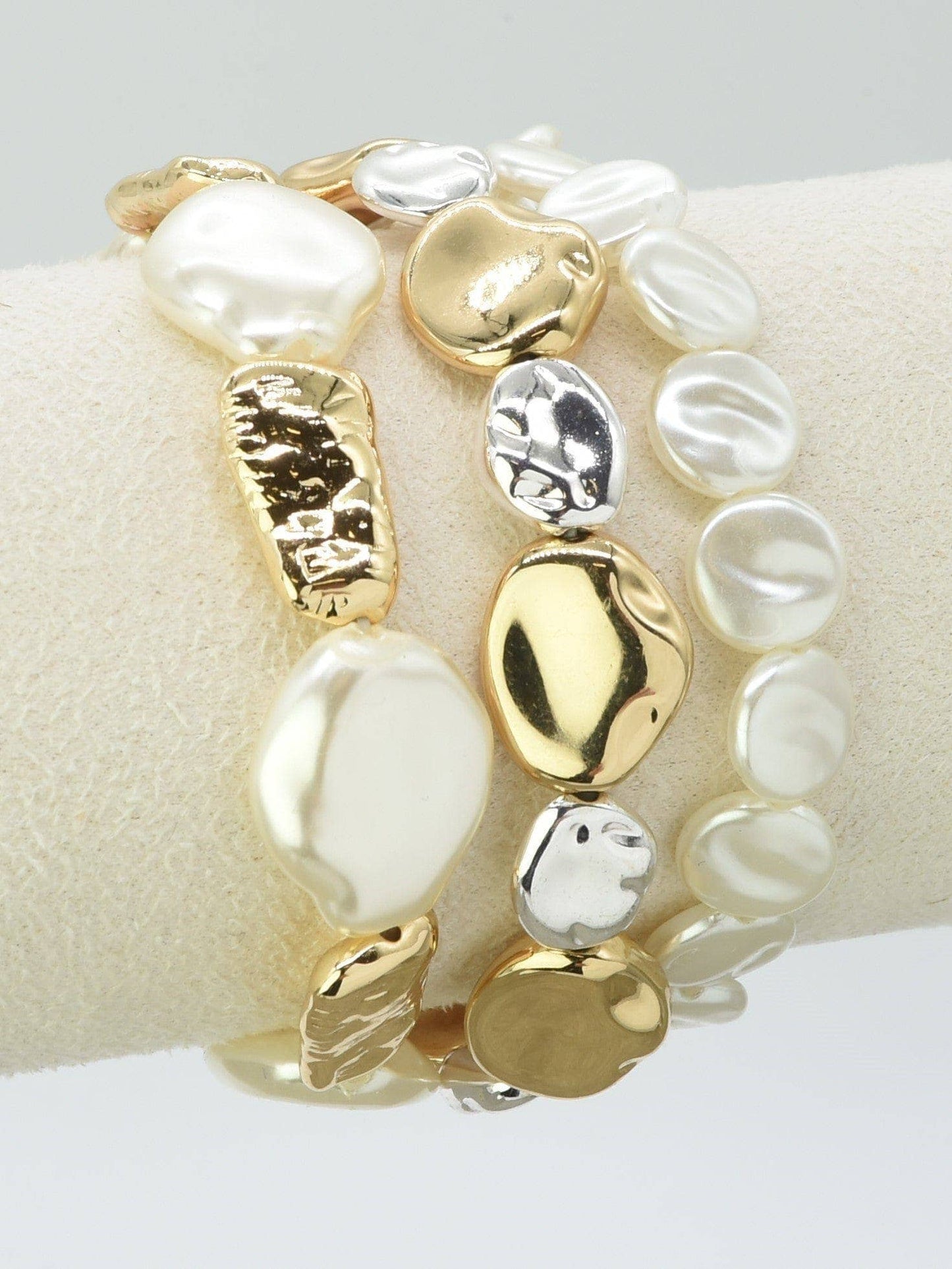 3 Piece CCB Pearl Stretch Bracelet Set: Gold