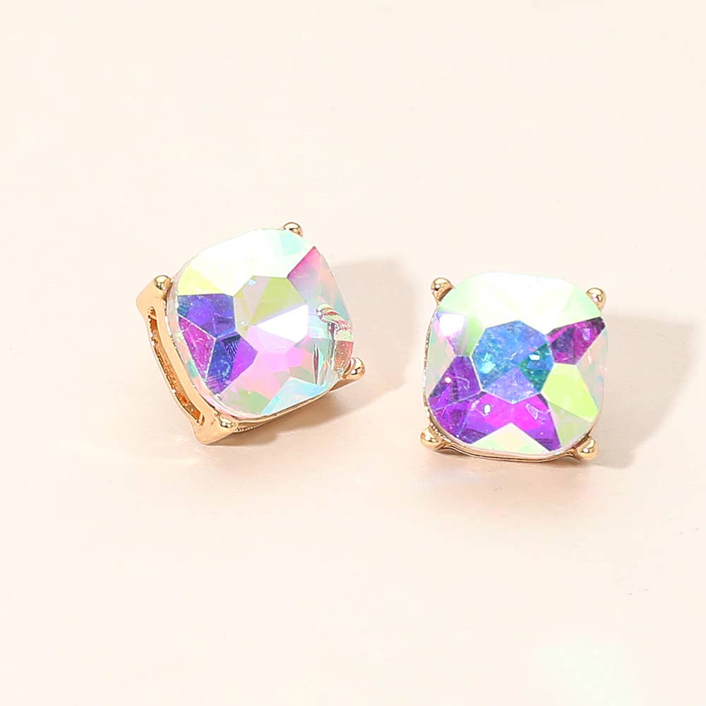 Square Cushion Stud Earrings: Gold,White