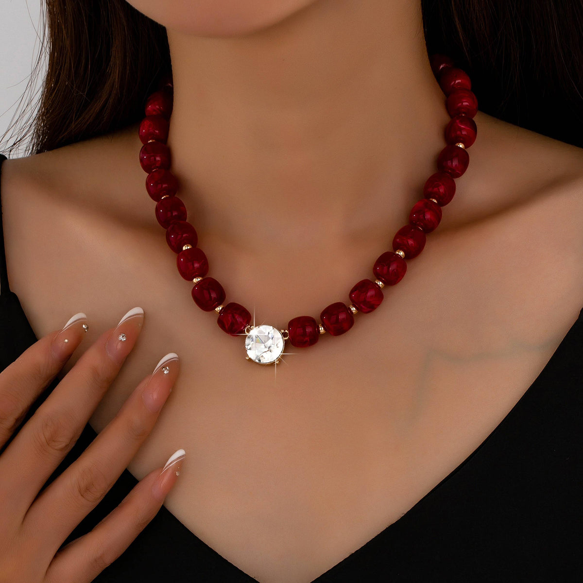 Resin Bead Round Crystal Pendant Necklace | RED