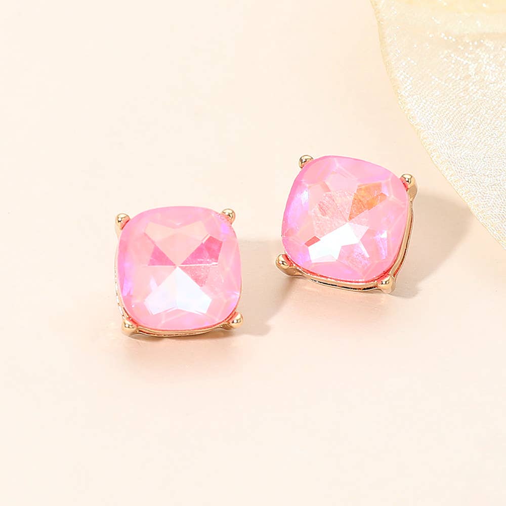 Square Cushion Stud Earrings: Gold,Siam
