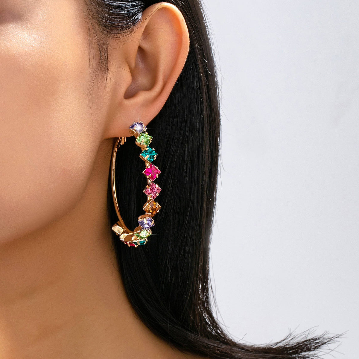 Multi-Color Rainbow Crystal Hoop Earrings