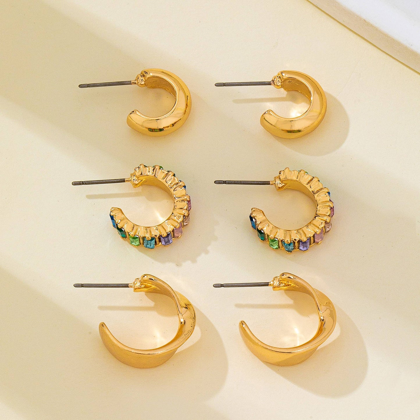 Multi Colored Baguette Twisted Hoop Trio Earring |GOLD