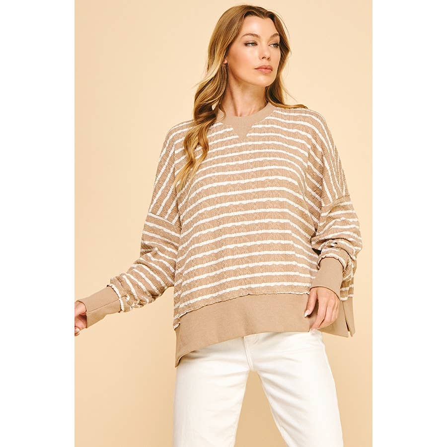 Relaxed Fit Textured Striped Pullover Top: Brown