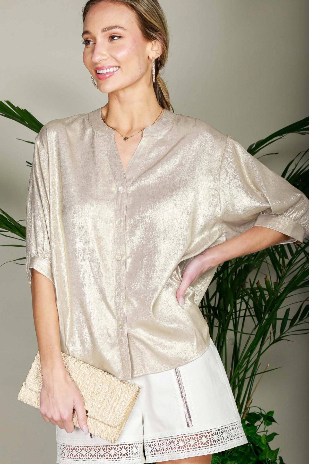 Henley Neckline Metallic Woven Top Gold