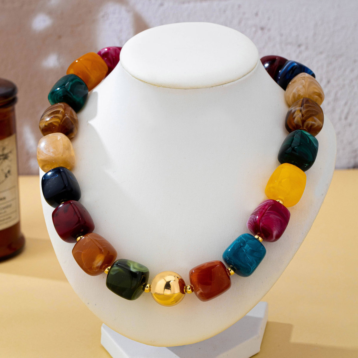Multicolor Marbled Resin Bead Statement Necklace