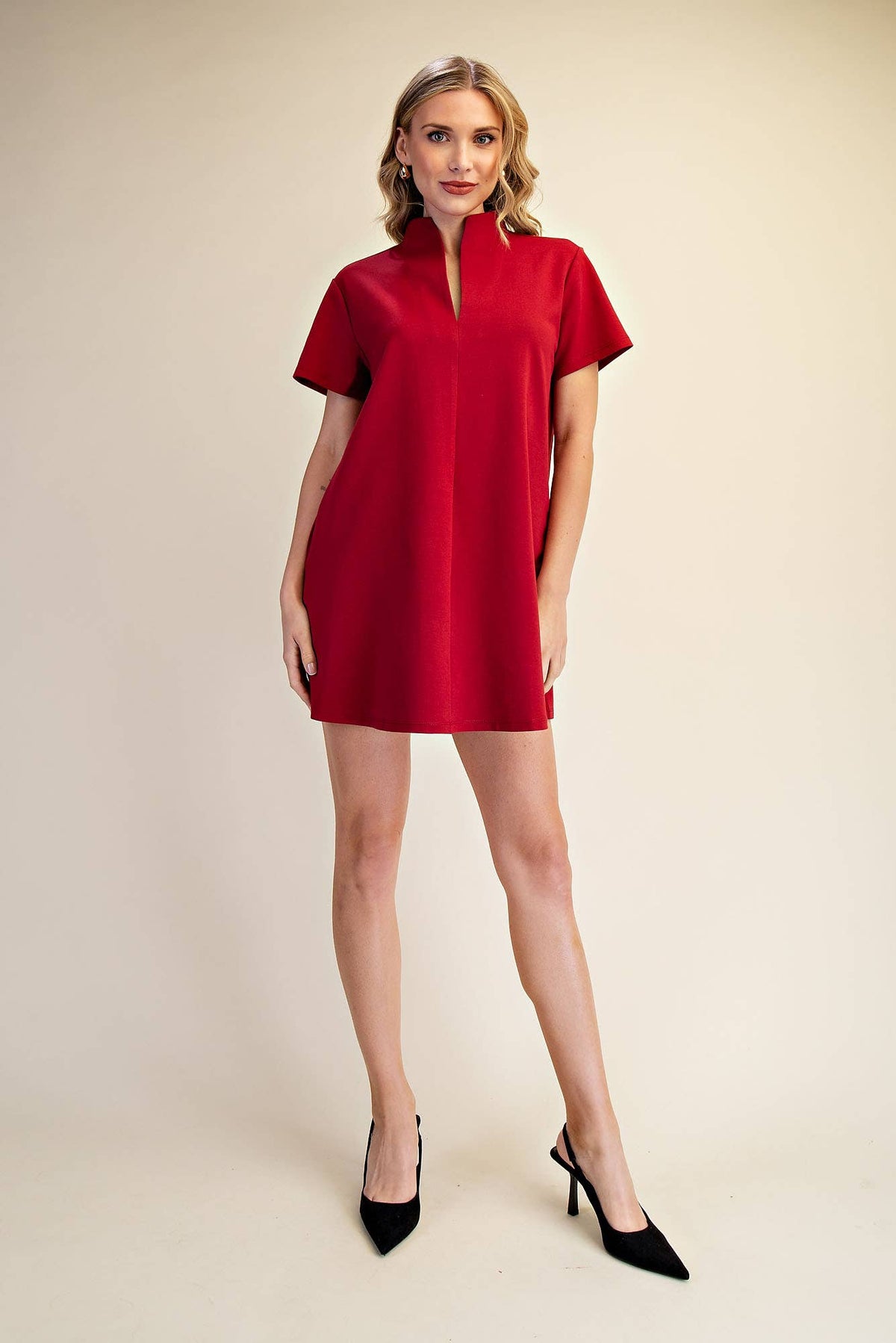 Stand Collar V-Neck Slit Dress: Hunter Green