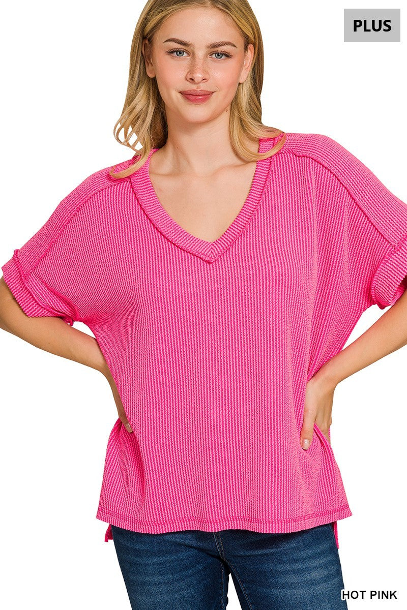 V-Neck Ribbed Tee-Hot Pink