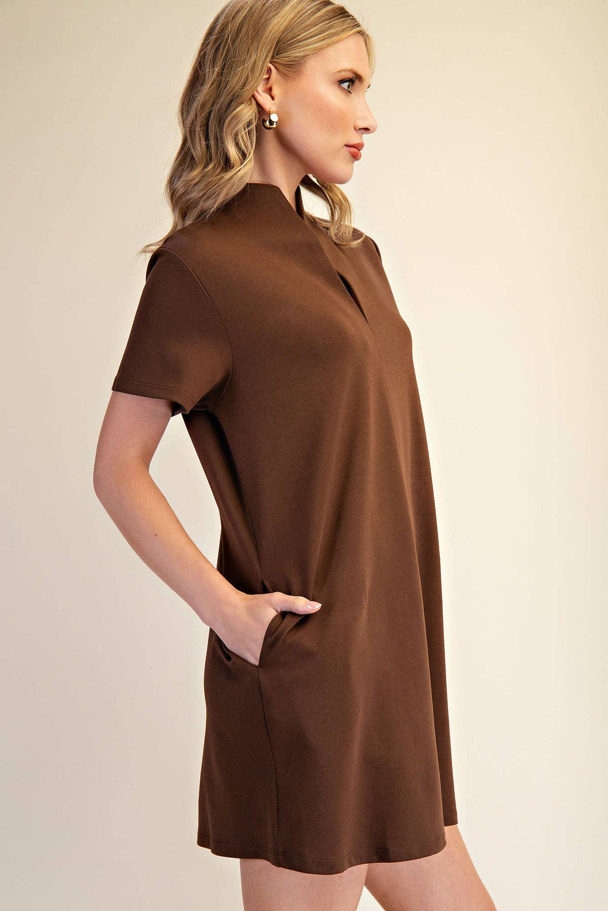 Stand Collar V-Neck Slit Dress: Hunter Green