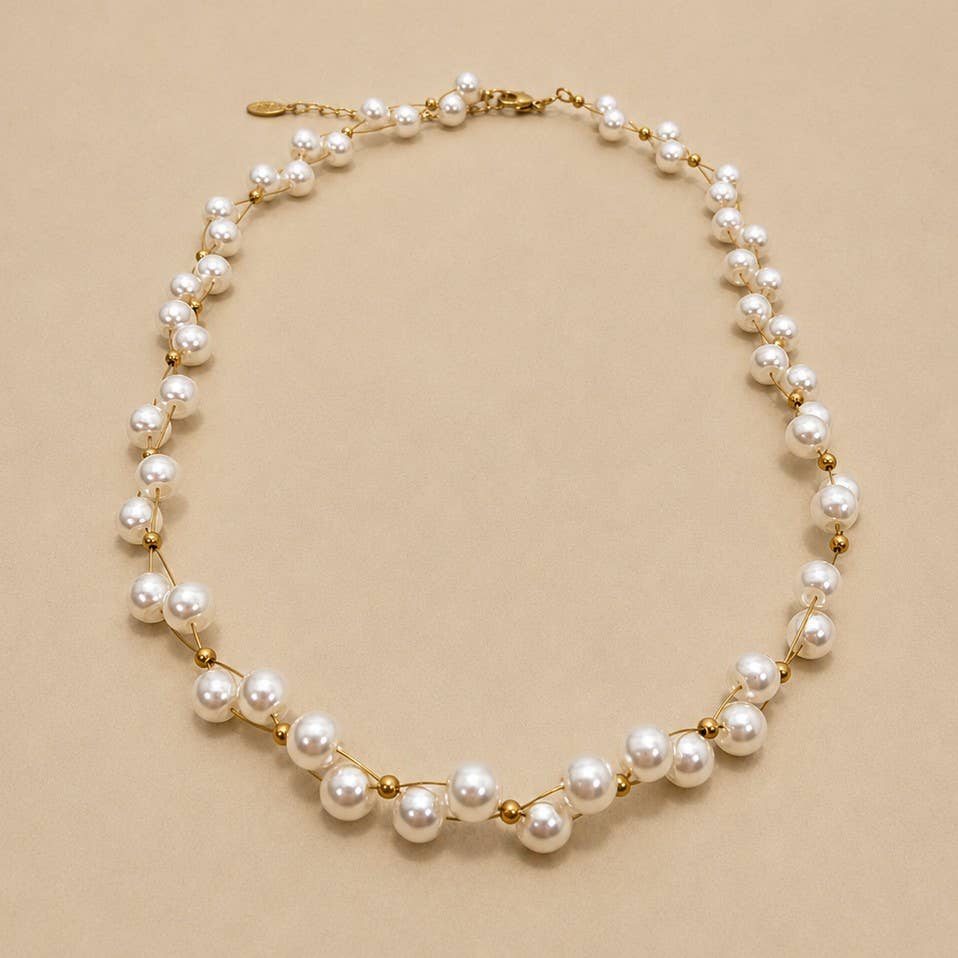 Faux Baroque Pearl & Gold Wire Station Necklace