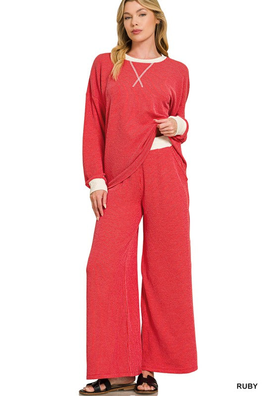 Ribbed Round Neck Pullover Set-Red