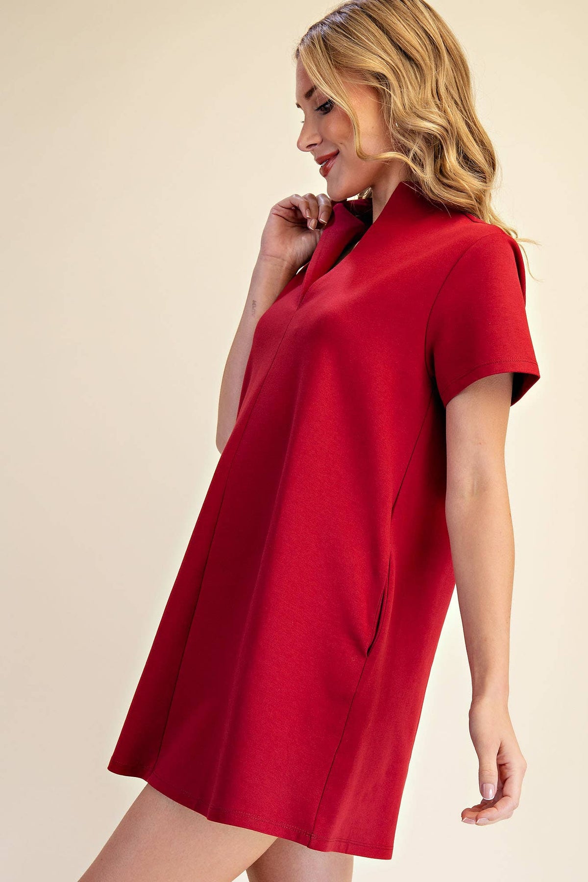 Stand Collar V-Neck Slit Dress: Hunter Green