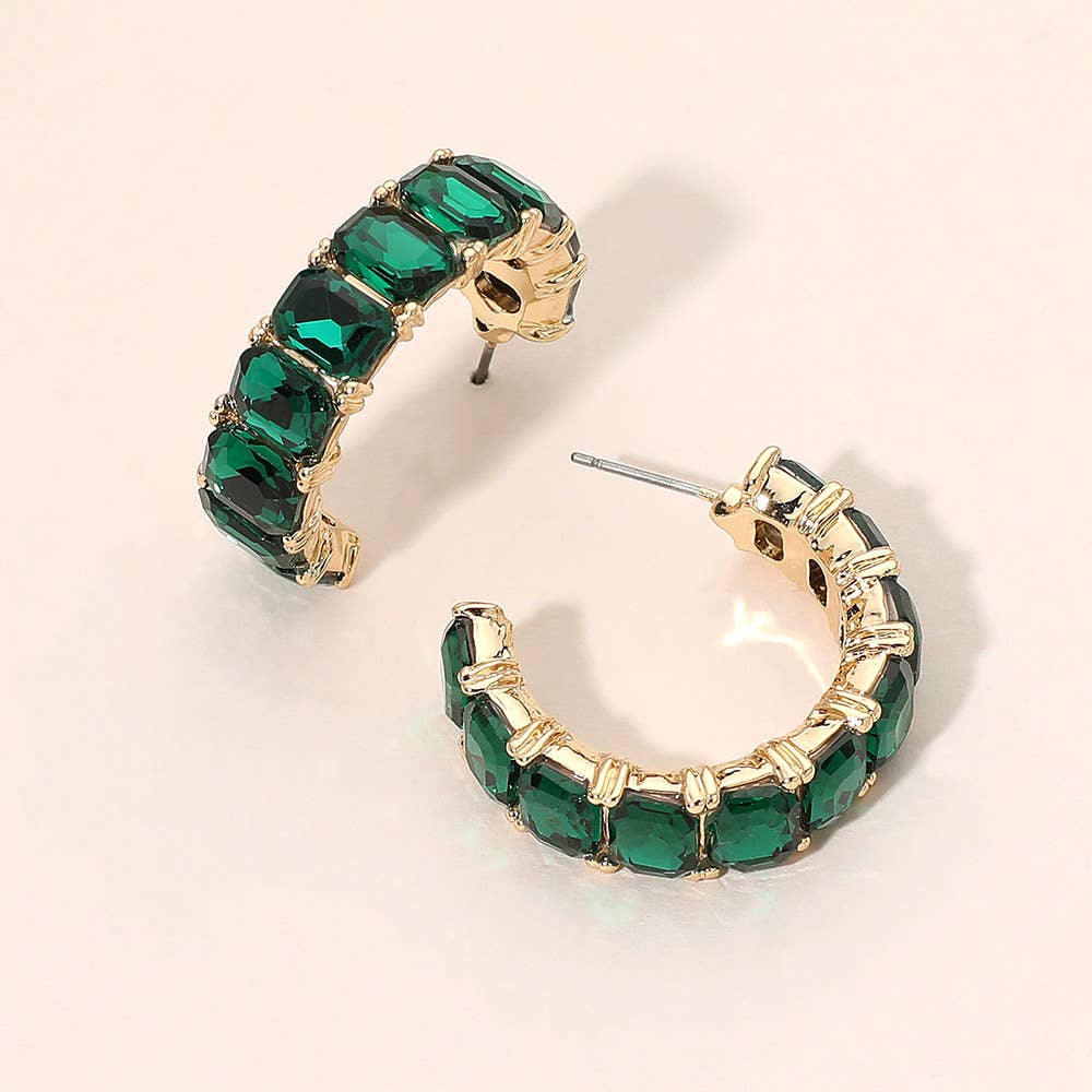 Faceted Rectangular Gem Curved Hoop Earrings: AB,Gold