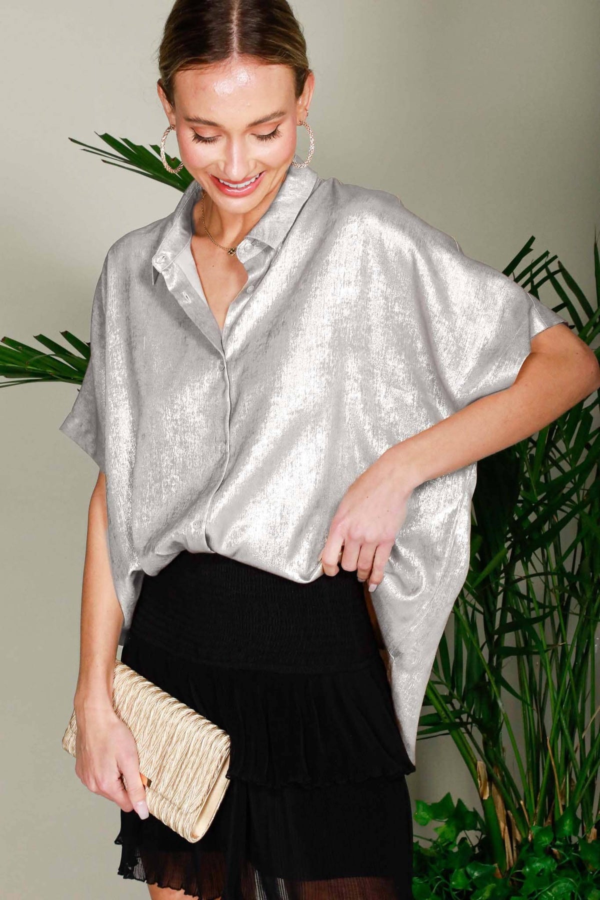 Collared Neck Button Down Metallic Woven Top Gold