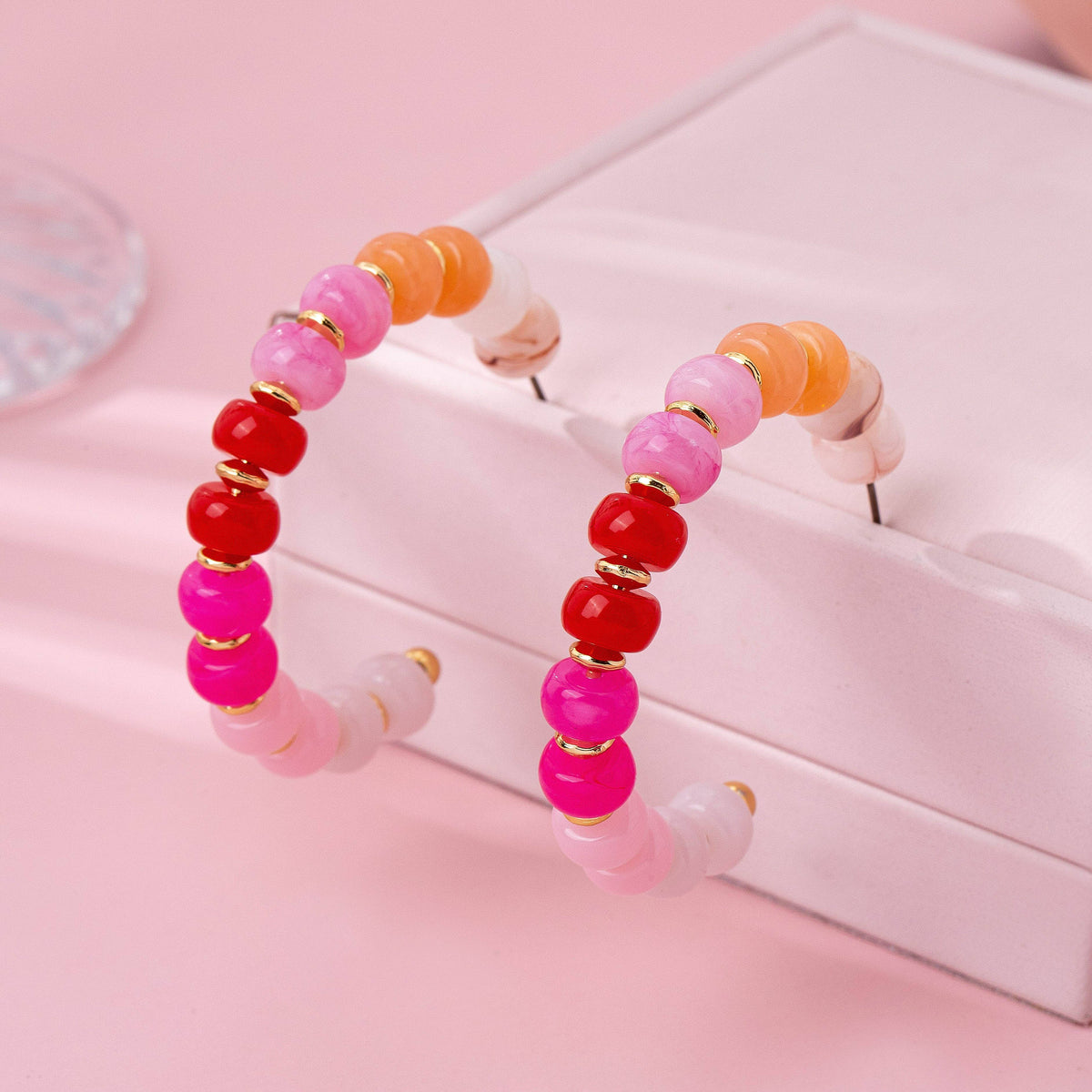 Rainbow Beaded Hoop Earrings Gold