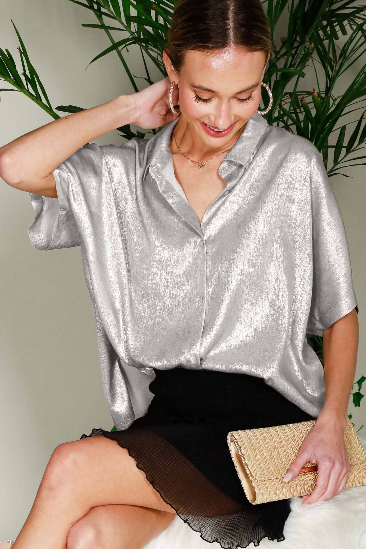 Collared Neck Button Down Metallic Woven Top Gold