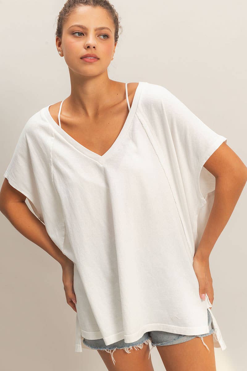 Oversized V-Neck Mineral Washed Top: DARK TEAL