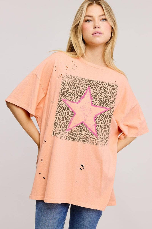 Vintage Leopard Star Graphic S/S Oversized Seamless Tee: PEACH