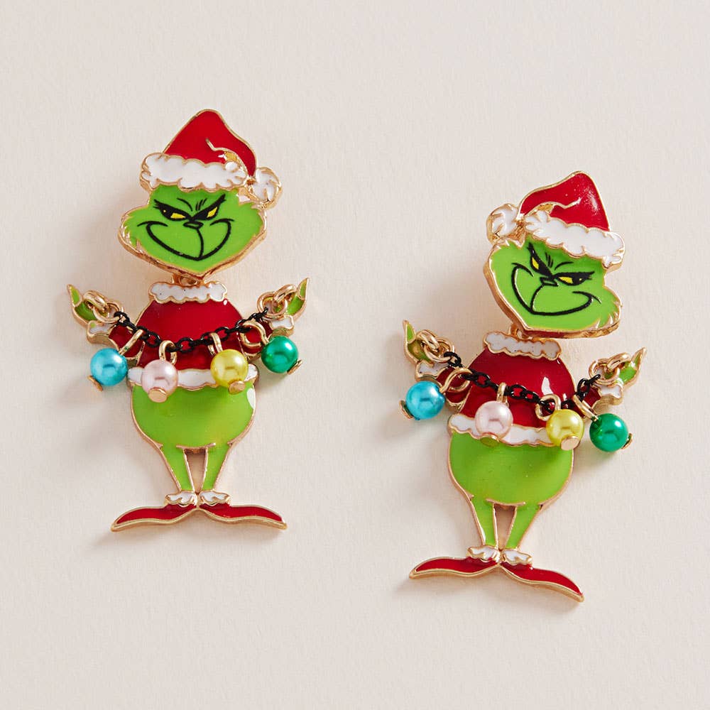 Holiday Grinch Green Monster with Ornament Earrings: Pink