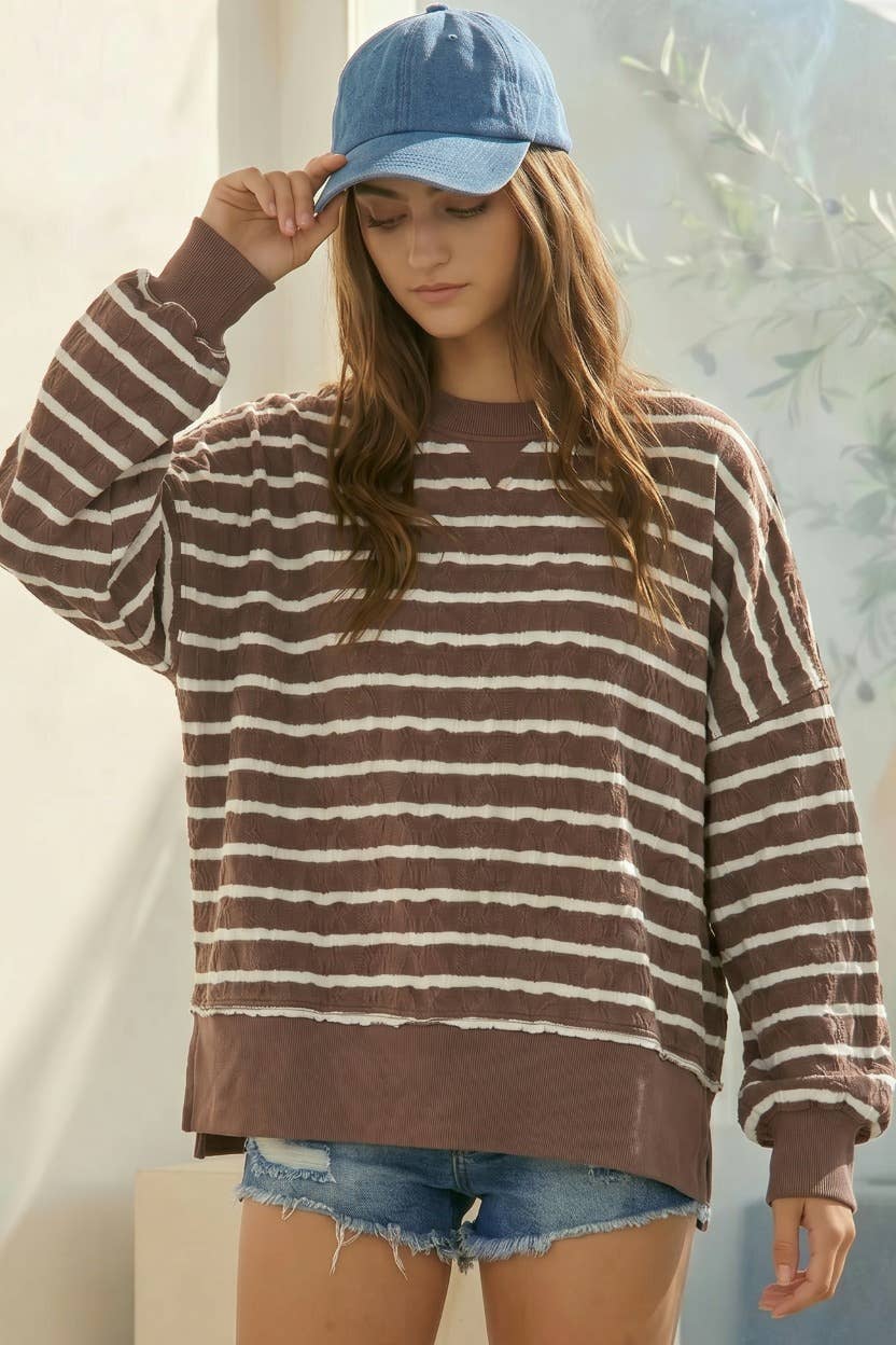 Relaxed Fit Textured Striped Pullover Top: Brown
