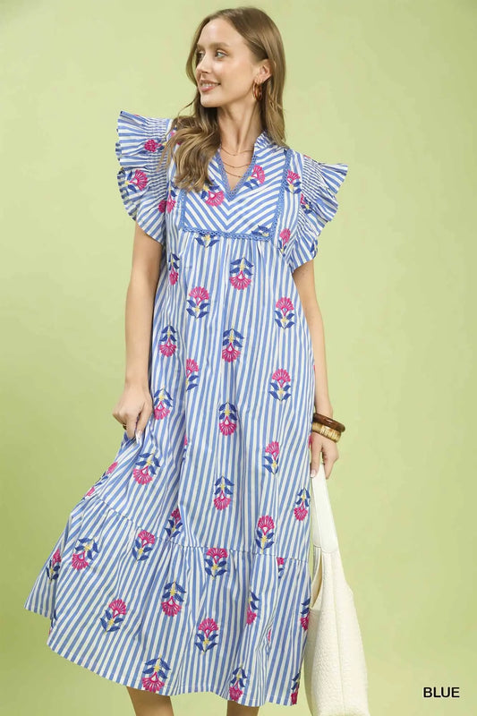 Blue Striped Floral Midi Dress